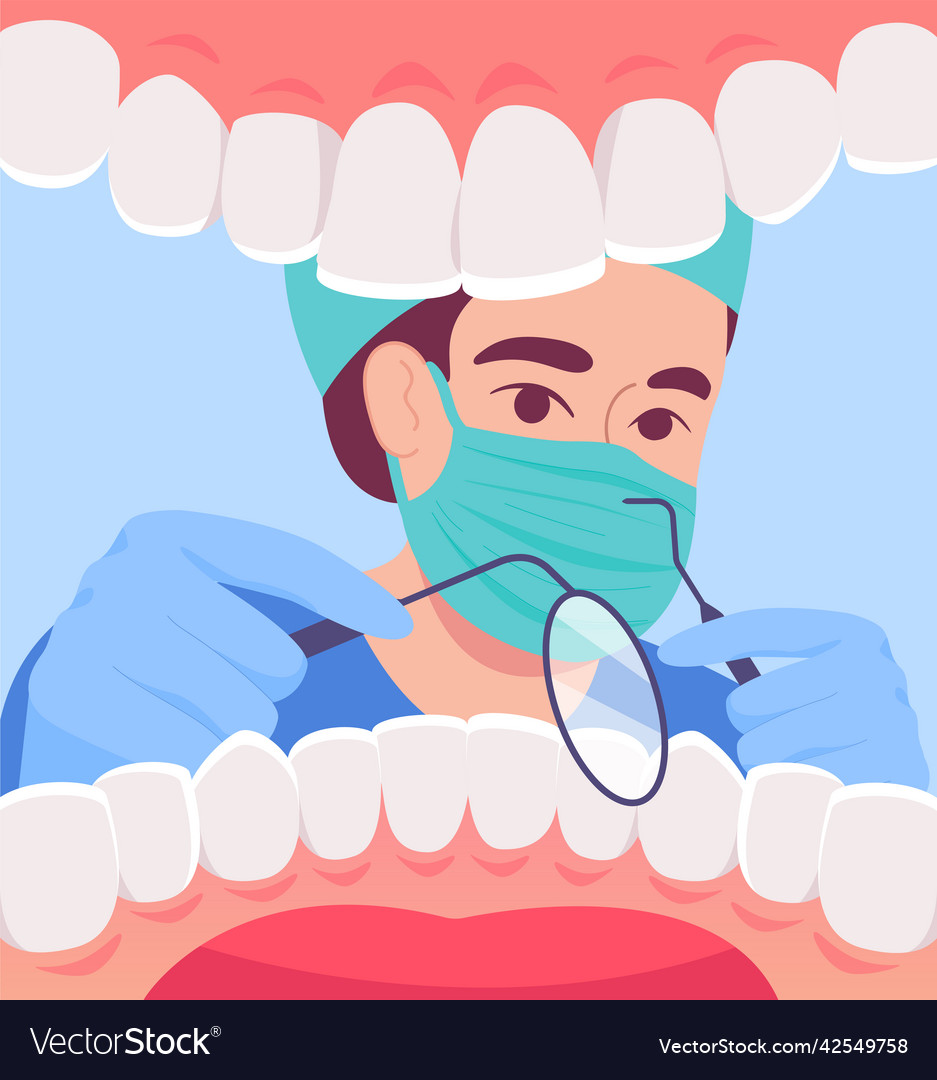 Cartoon dentist in mask looking into open mouth Vector Image