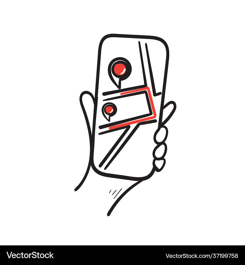 Hand drawn holding mobile smart phone Royalty Free Vector
