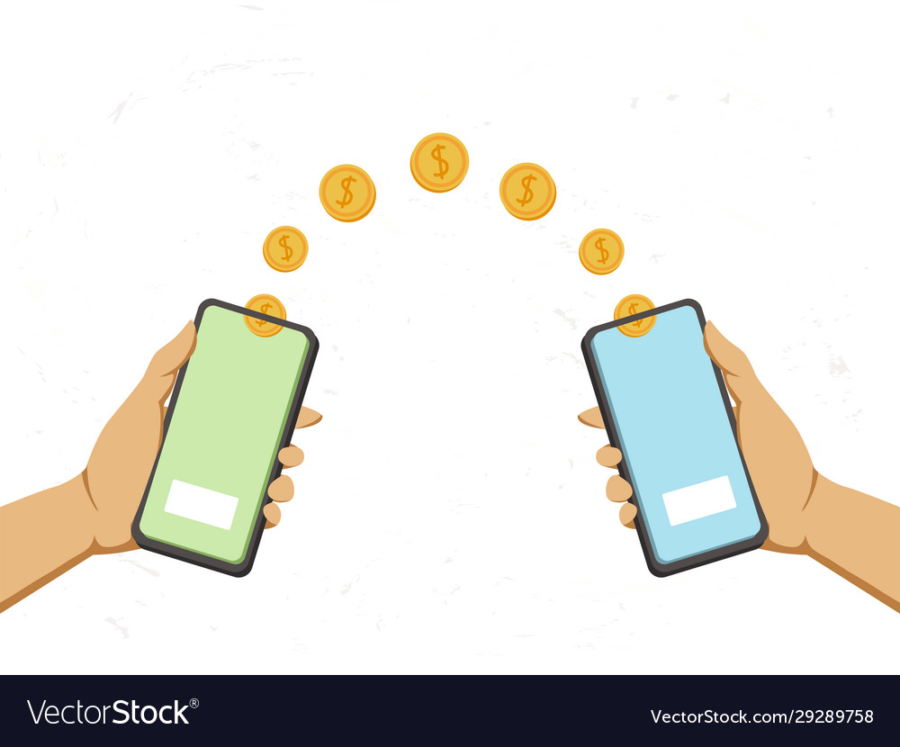 Hands holds a phone and falling money transferred vector image Hands holds a phone and falling money transferred