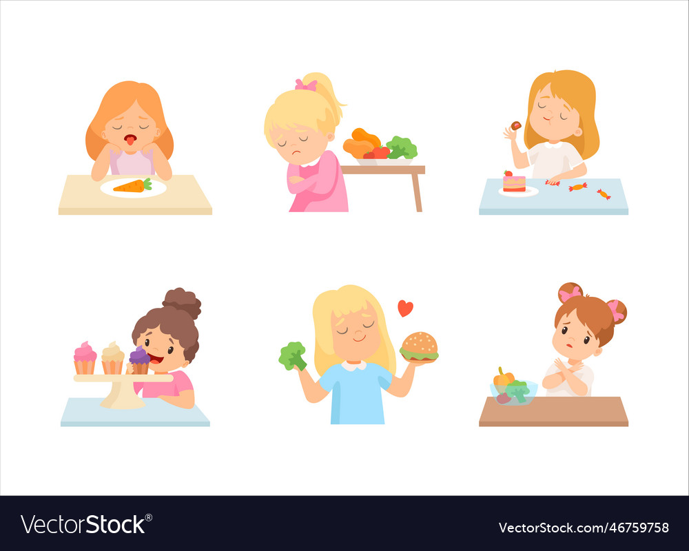 Little girl at table showing dislike and disgust Vector Image