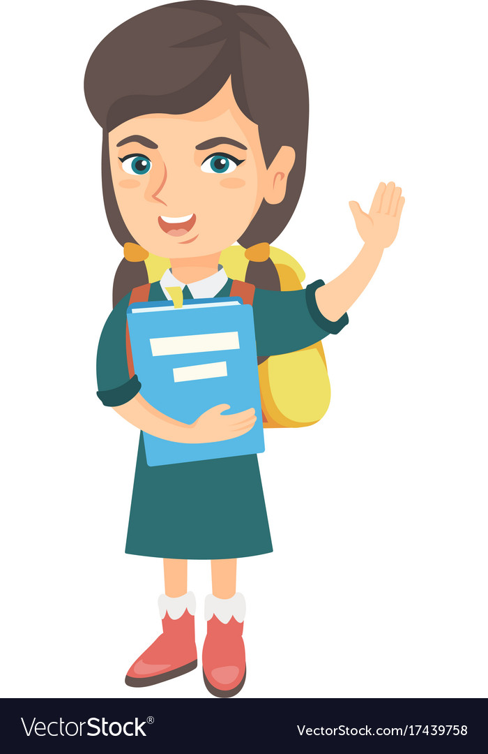 Schoolgirl holding a book and waving her hand Vector Image