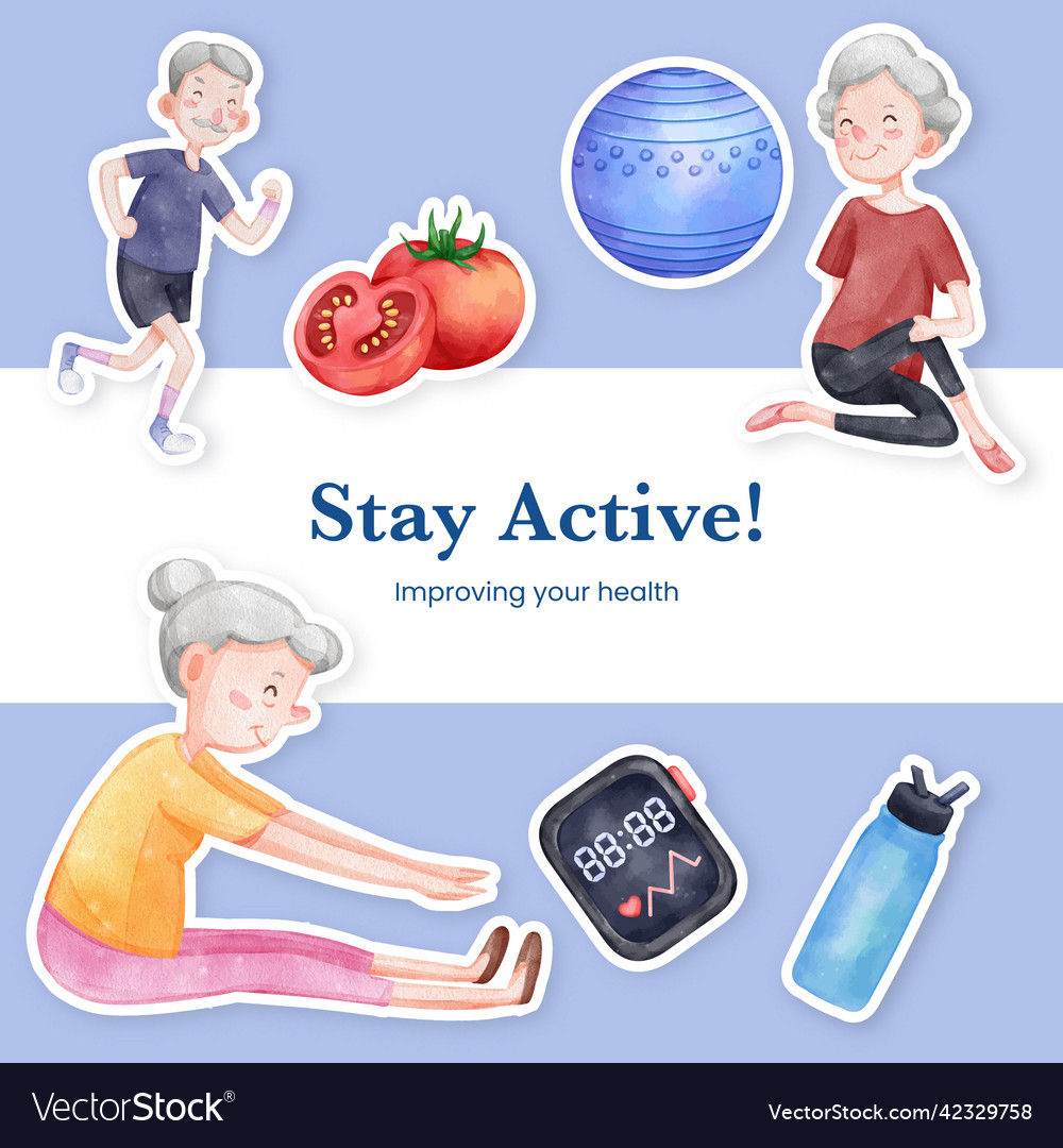 Sticker template with senior health fitness Vector Image