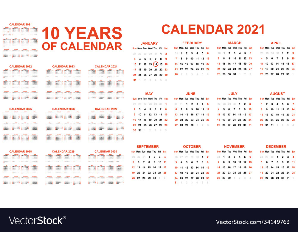 2021-2030 ten years calendar simple red second Vector Image