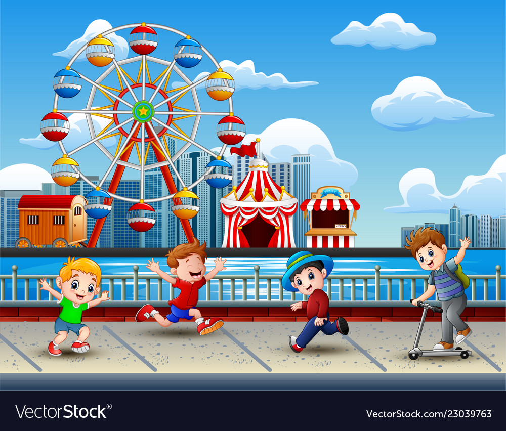 Cartoon of children having fun on the lakeside wit