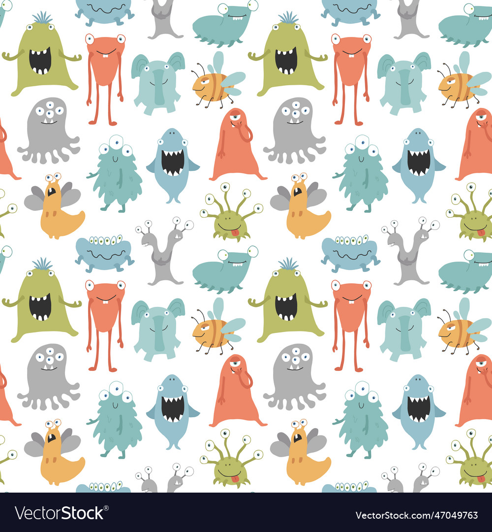 Cute Monsters Seamless Pattern Cartoon Monsters Vector Image