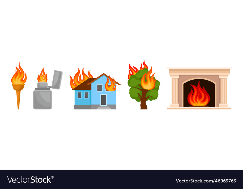 Flaming and burning objects with house tree vector image Flaming and burning objects with house tree