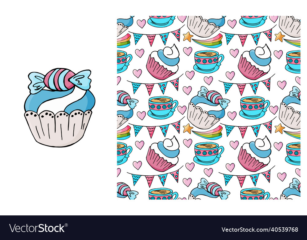Cupcake muffin set of element and seamless pattern Vector Image Cupcake muffin set of element and seamless pattern