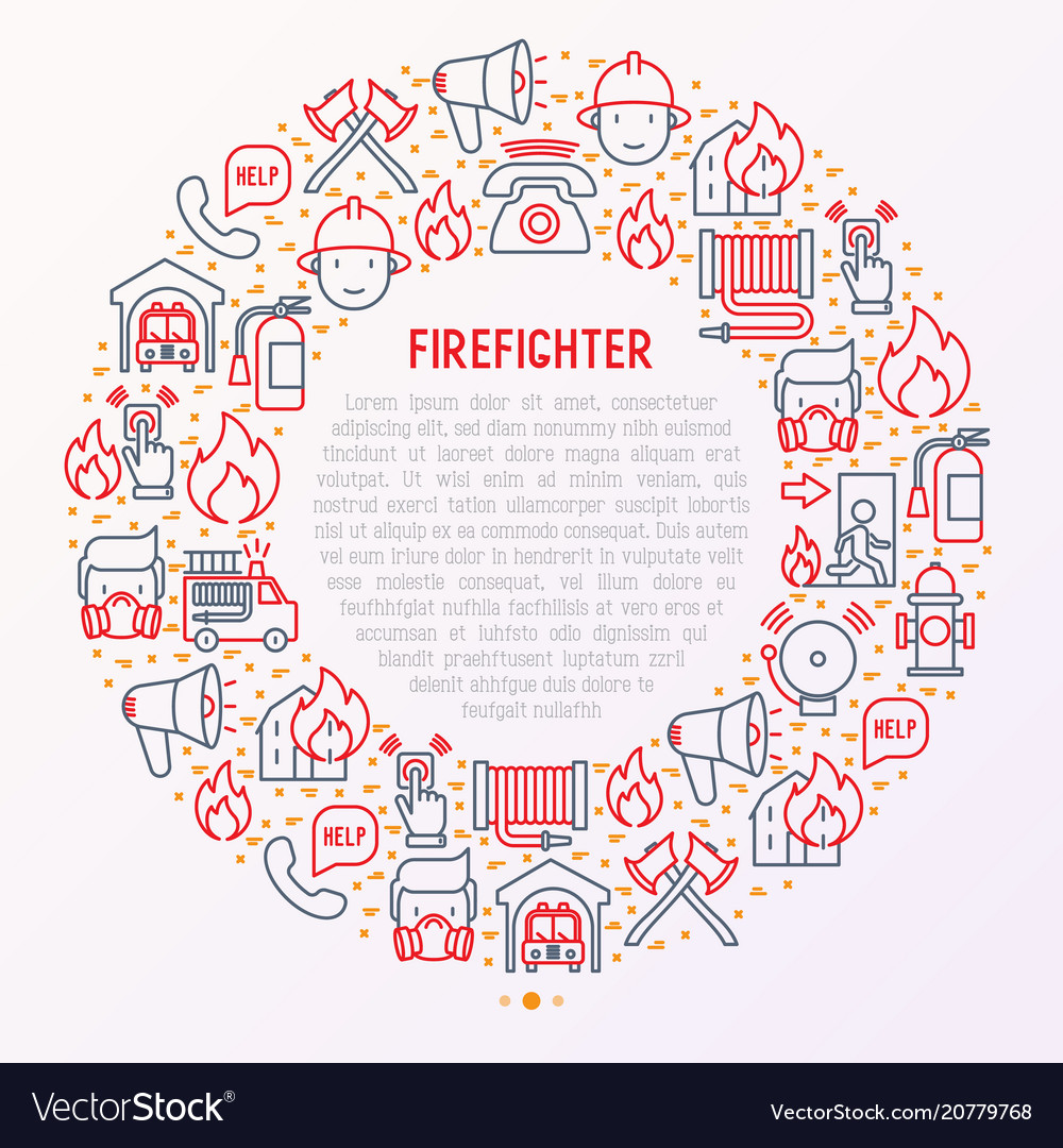 Firefighter concept in circle with thin line icons vector image Firefighter concept in circle with thin line icons