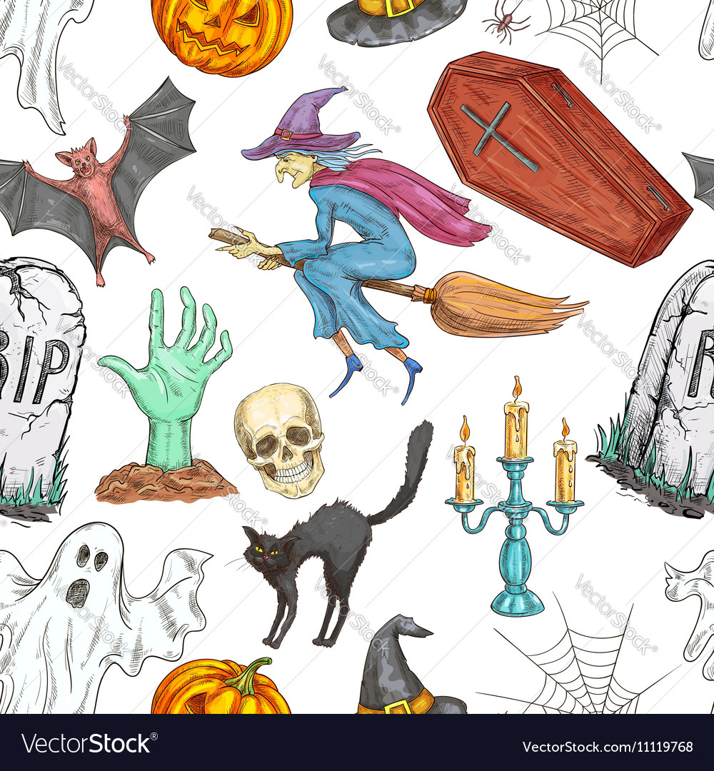 Halloween seamless pattern of sketch symbols Vector Image