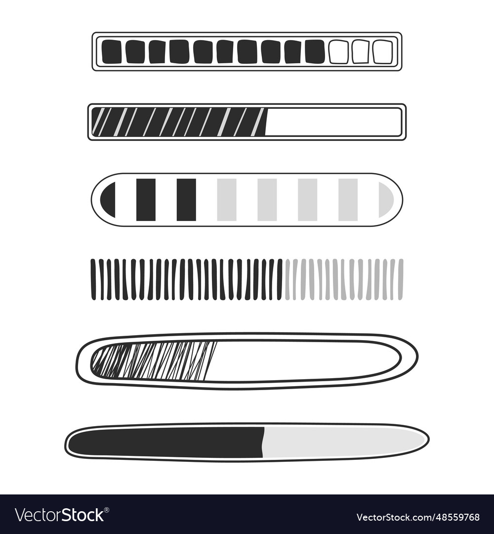 Set loading bar progress in doodle style isolated vector image Set loading bar progress in doodle style isolated