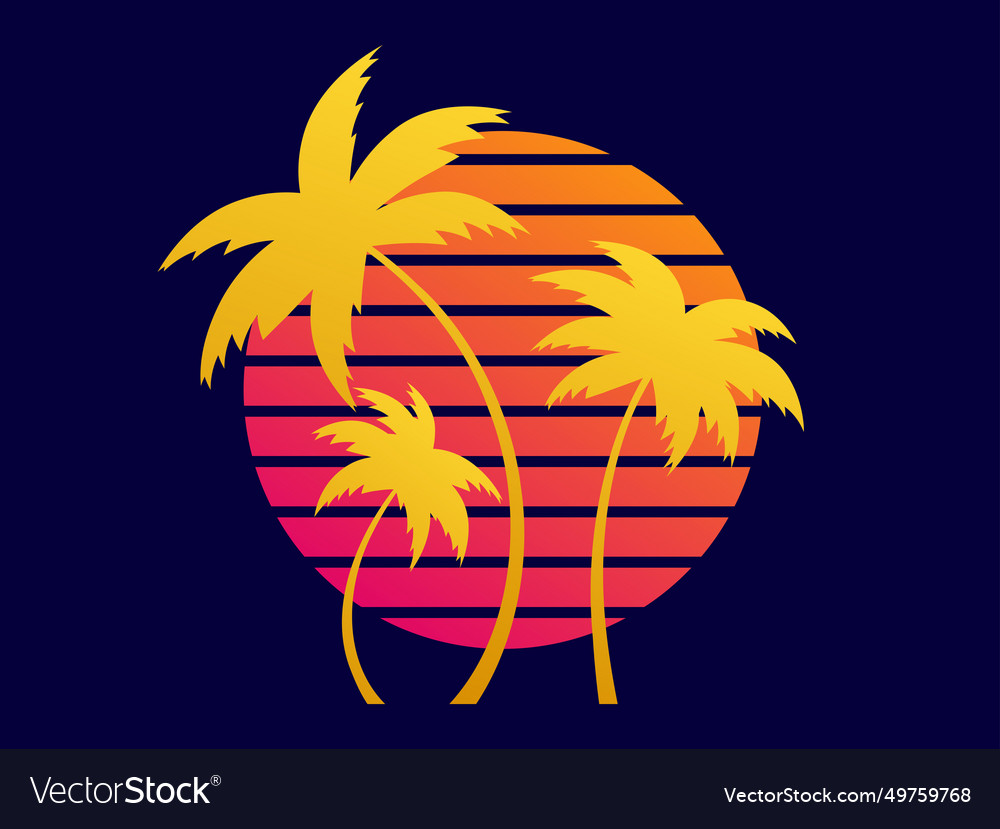 Three palm trees at sunset in a futuristic retro Vector Image