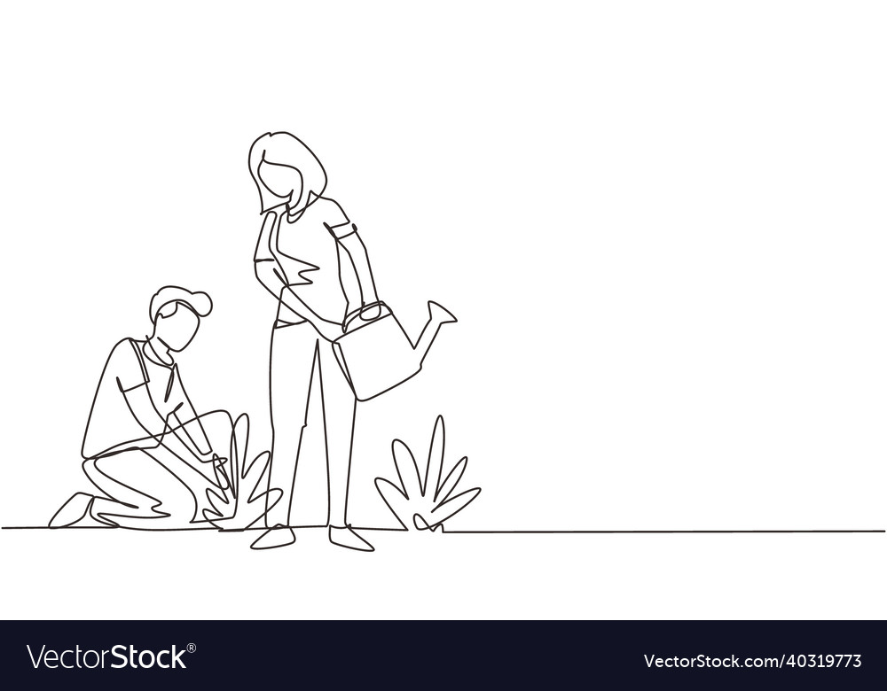 Continuous one line drawing man woman gardening Vector Image