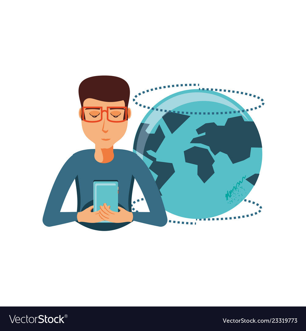 Man with smartphone device and planet earth