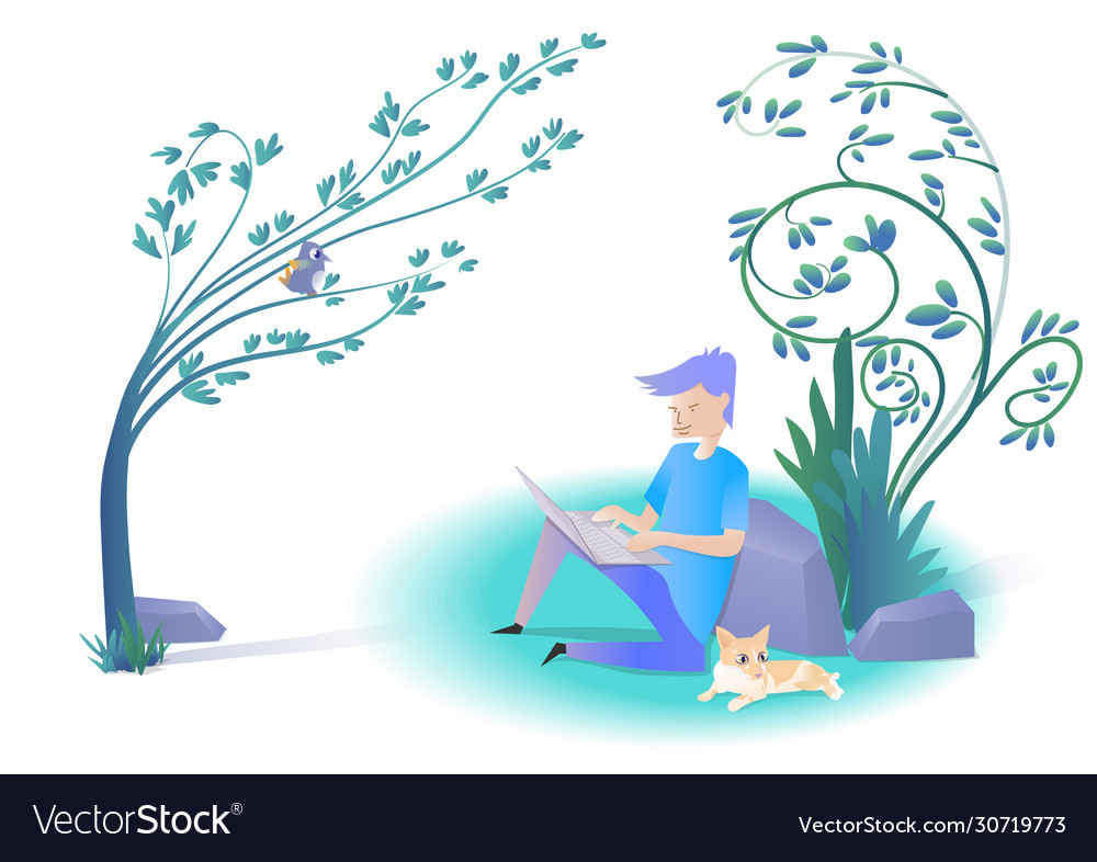 Man working using laptop with a lying cat Vector Image Man working using laptop with a lying cat