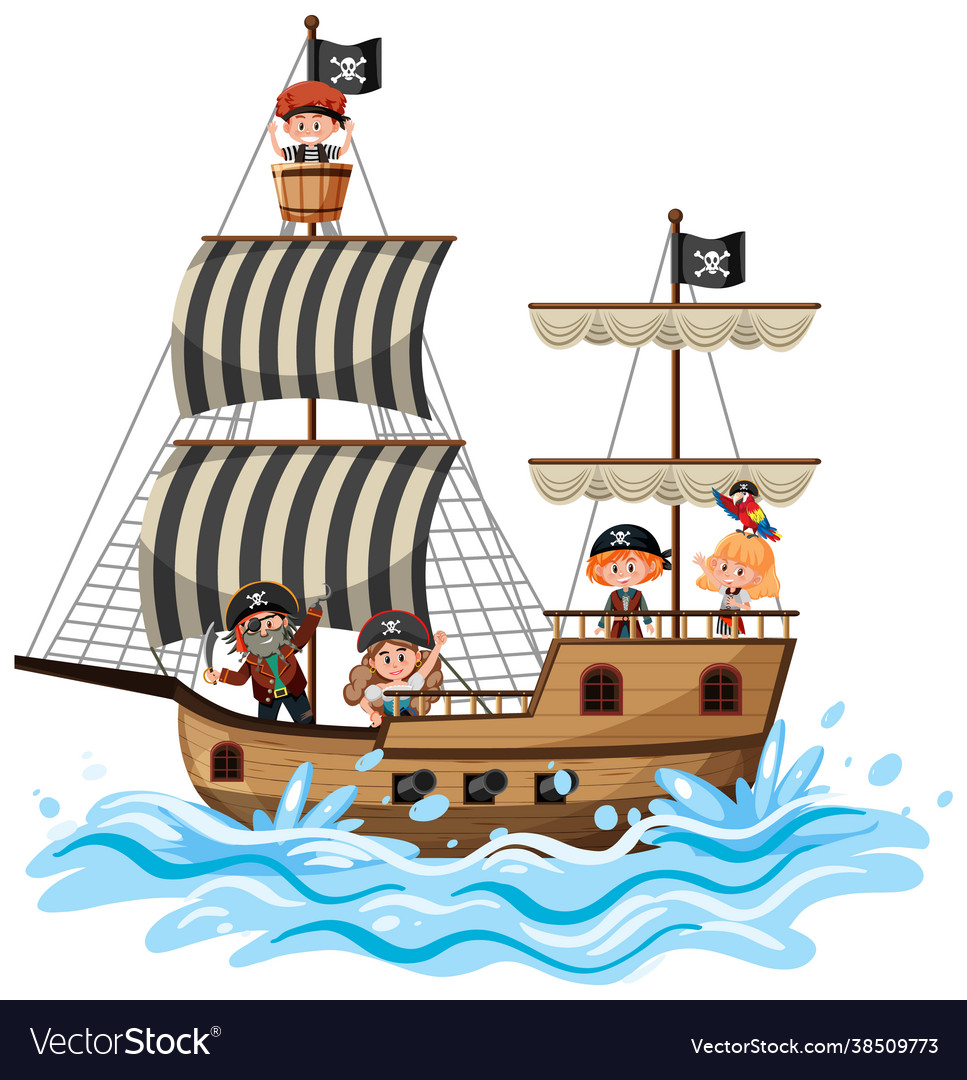 Pirate ship on ocean wave with many kids isolated Vector Image