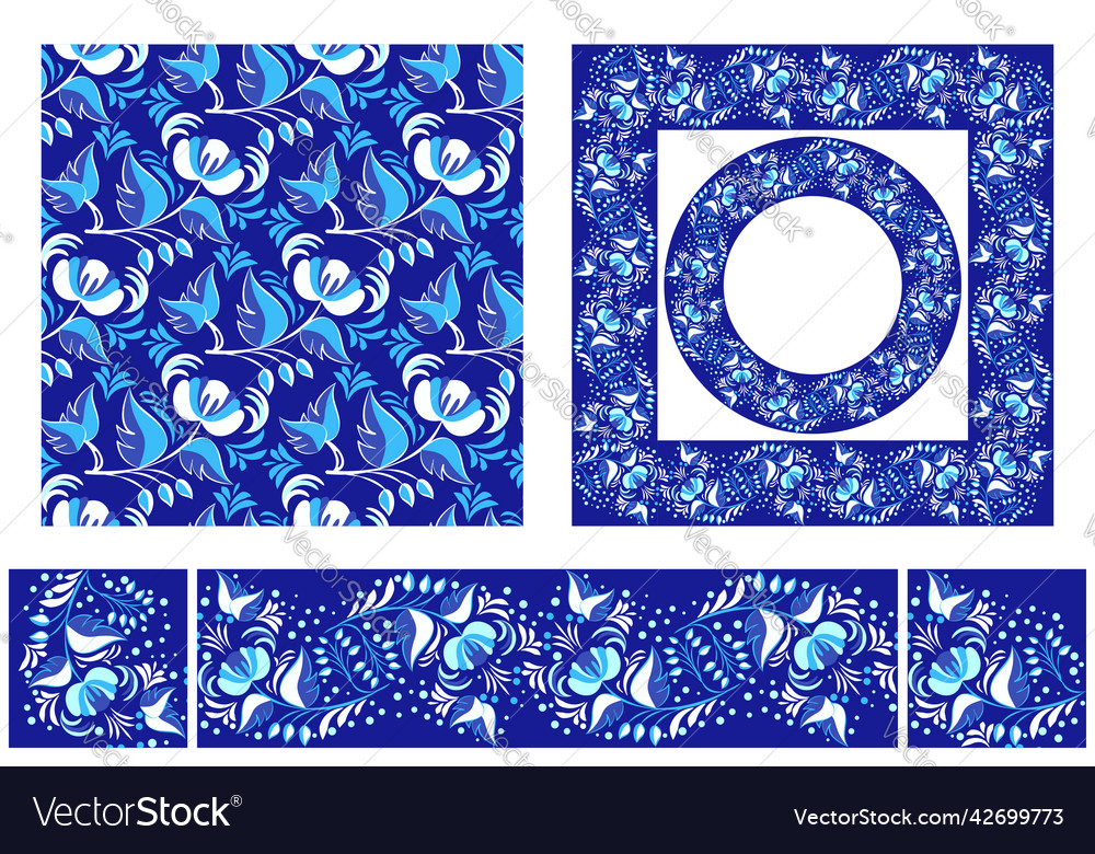 Set of blue elements with flowers seamless vector image Set of blue elements with flowers seamless