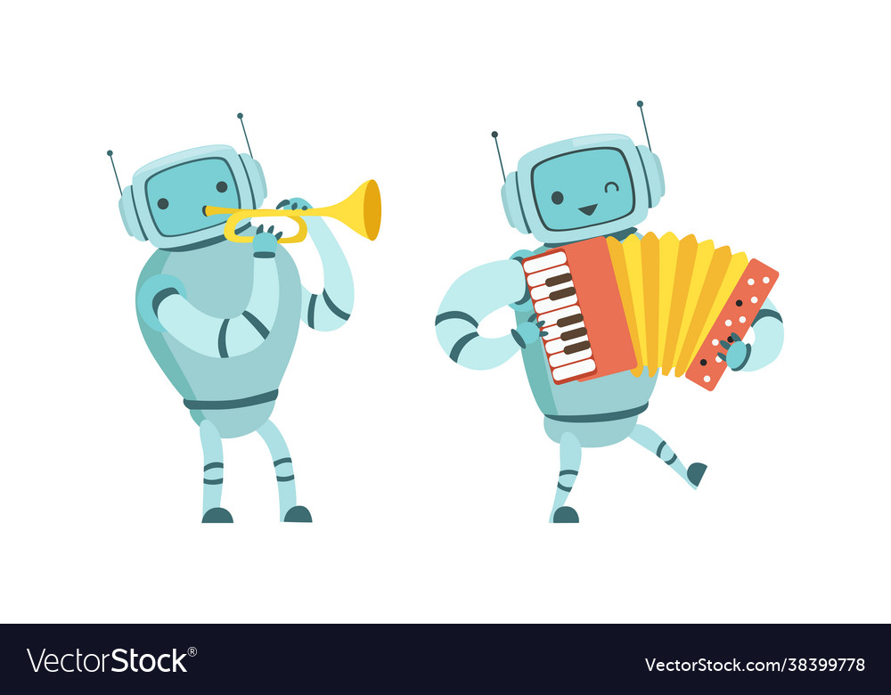 Robot musician playing musical instrument vector image Robot musician playing musical instrument