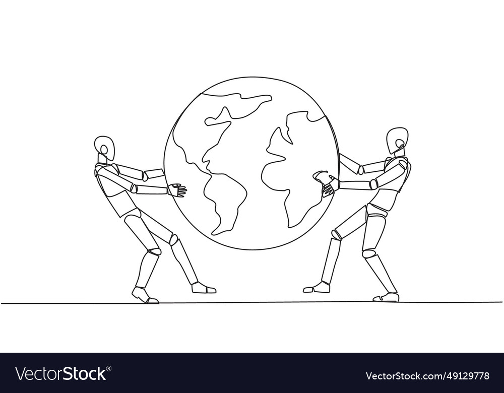 Single one line drawing two strong robot fighting Vector Image