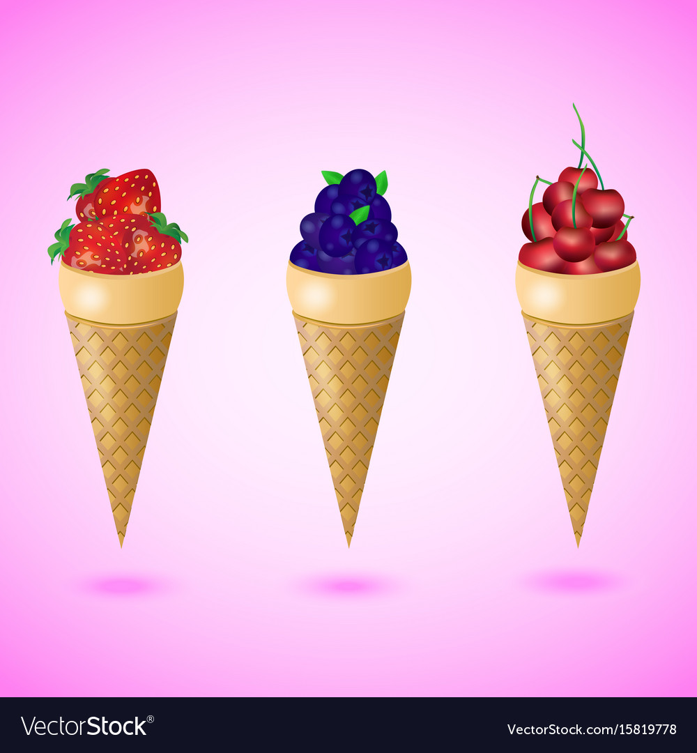 Waffles cones with strawberry cherry blueberry