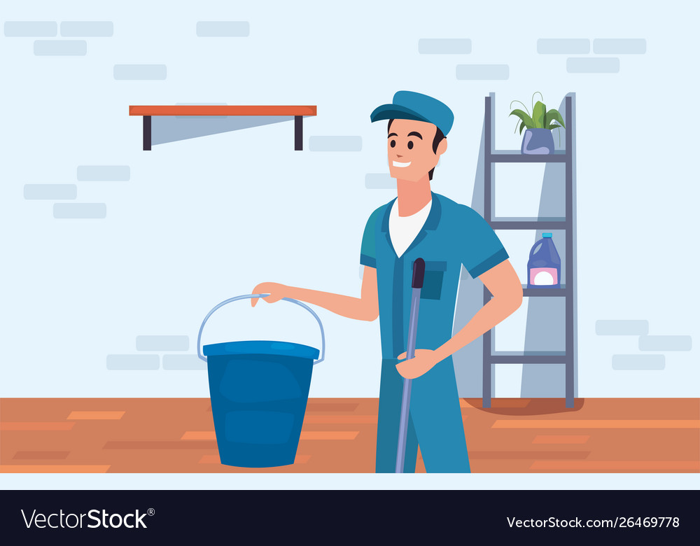 Worker cleaning man bucket and mop