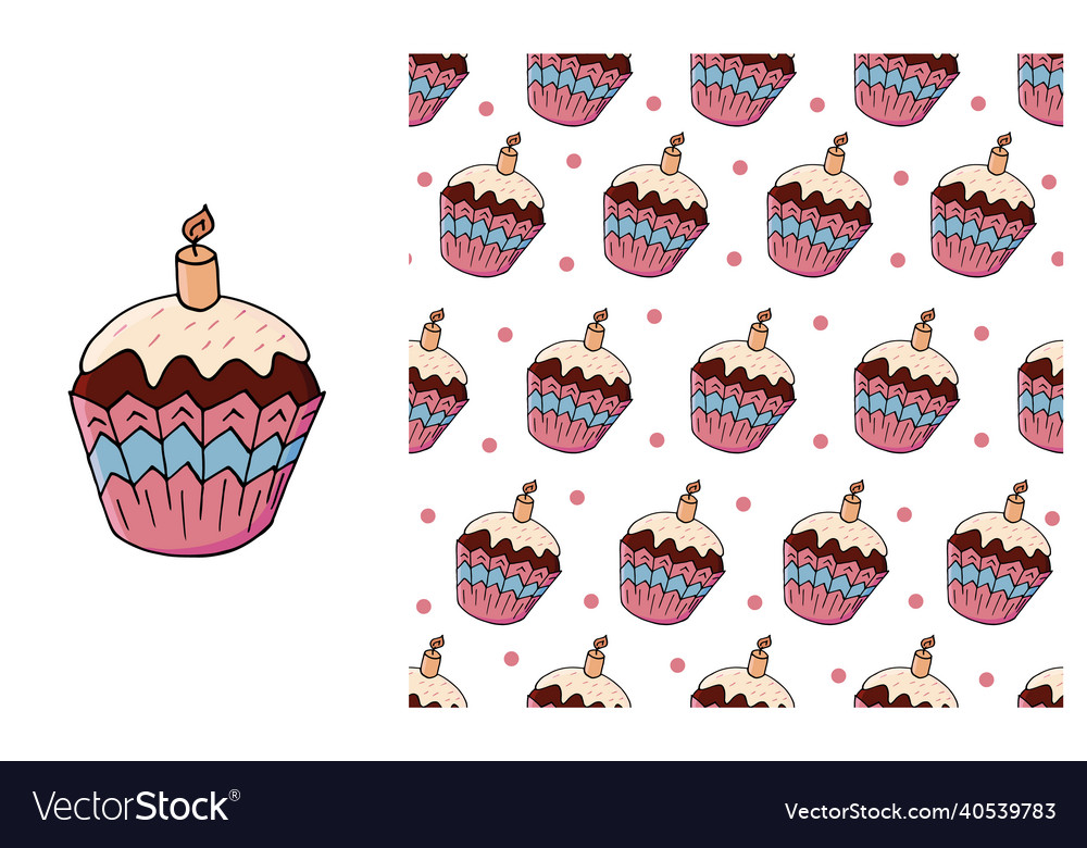 Cupcake muffin set of element and seamless pattern Vector Image Cupcake muffin set of element and seamless pattern