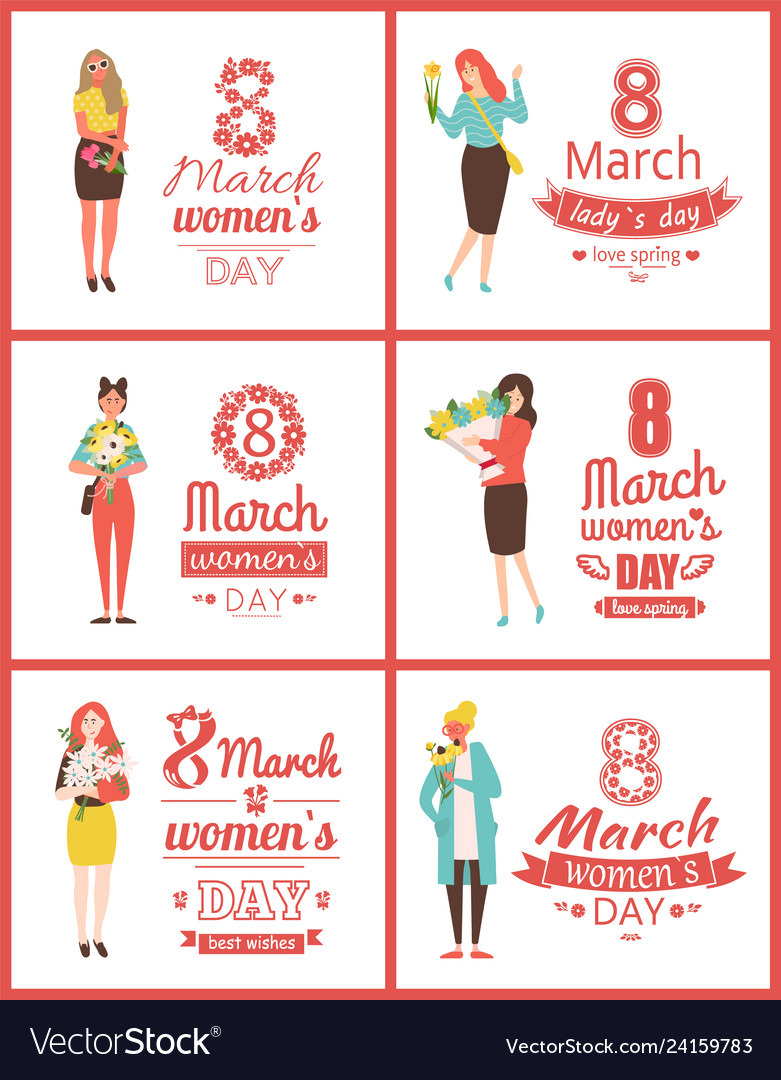 Greeting postcards on 8 march with happy women vector image Greeting postcards on 8 march with happy women