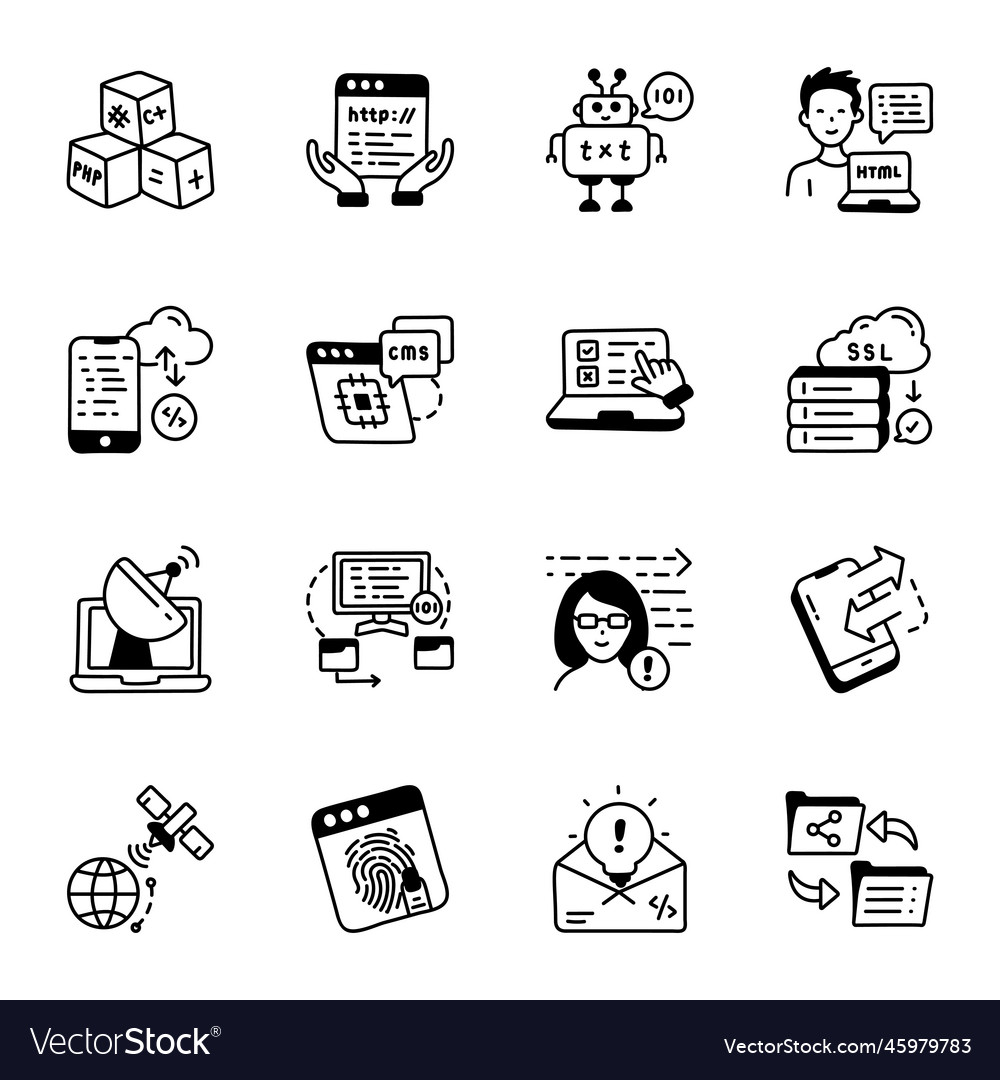 Icon bundle of development and programming doodles