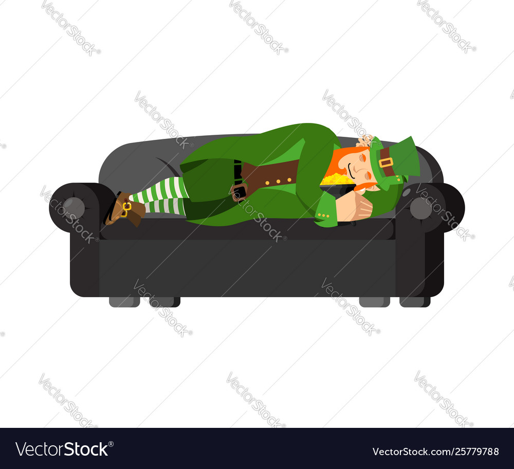 Leprechaun sleeps on couch pot gold dwarf