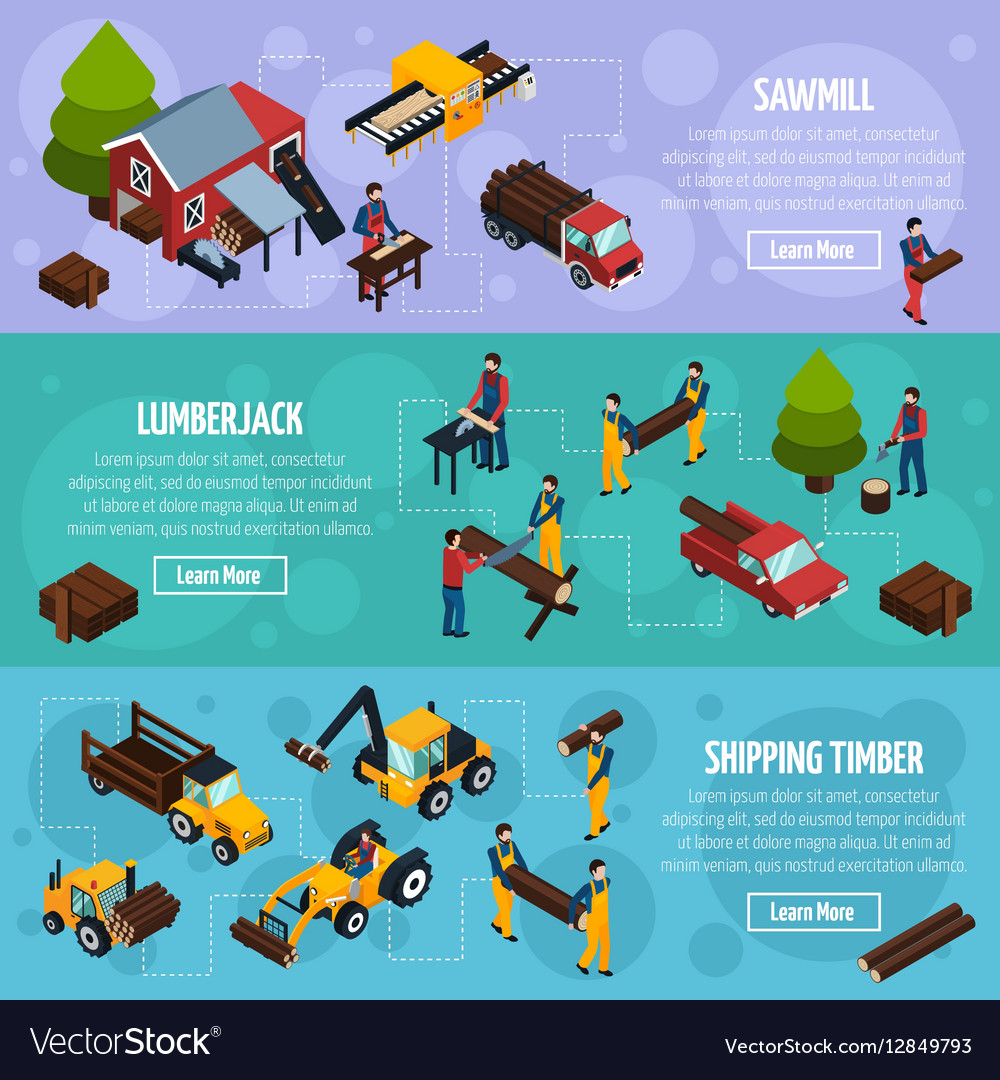 Sawmill isometric horizontal banners Royalty Free Vector