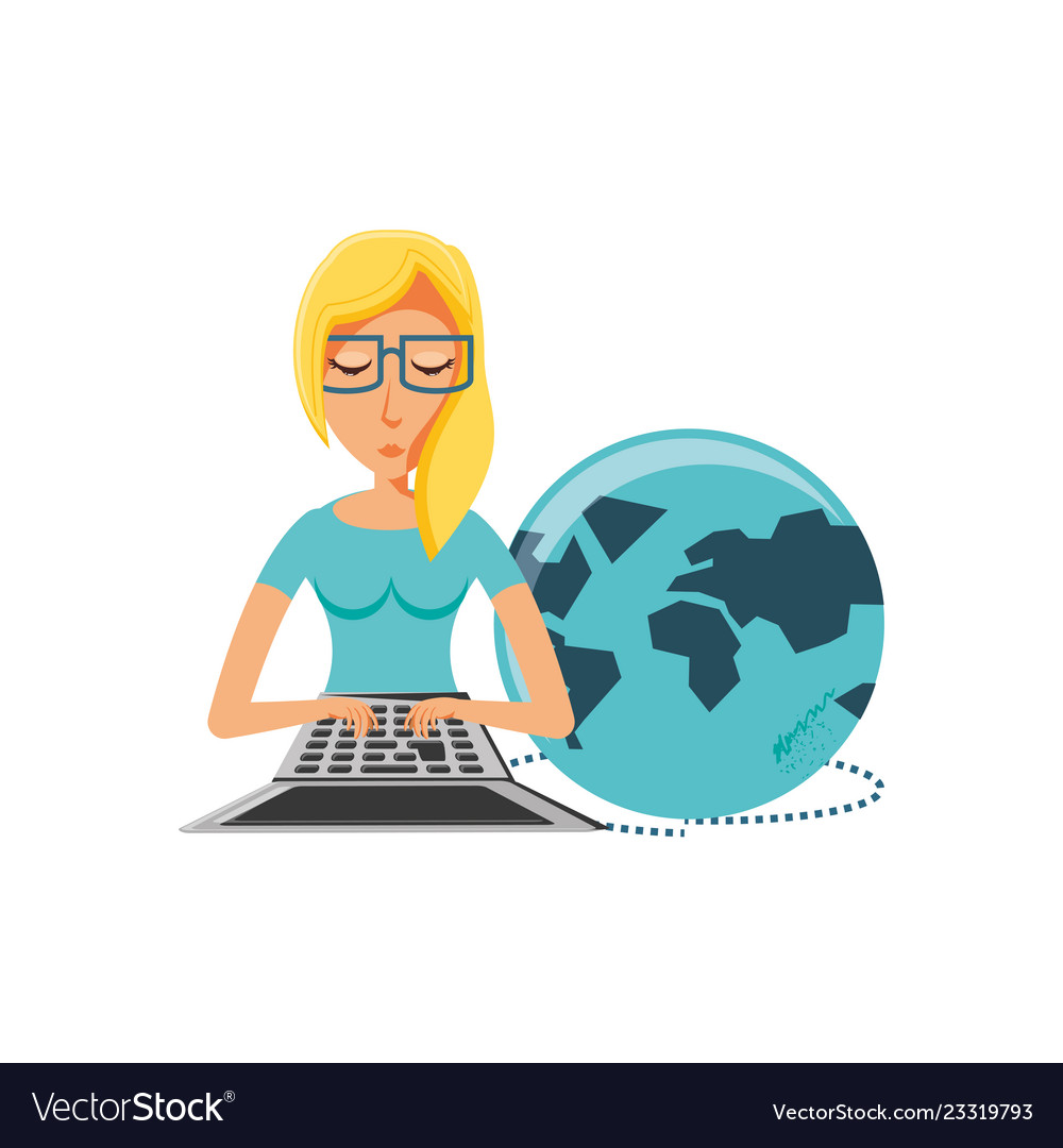 Woman with laptop and planet earth