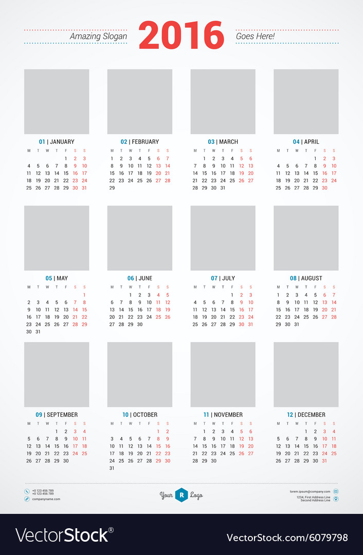 Calendar 2016 design template week starts monday