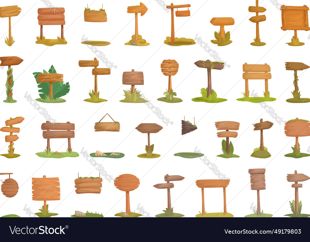 Forest wooden signboard icons set cartoon Vector Image