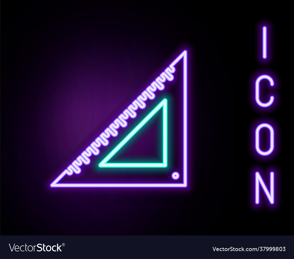 Glowing neon line triangular ruler icon isolated