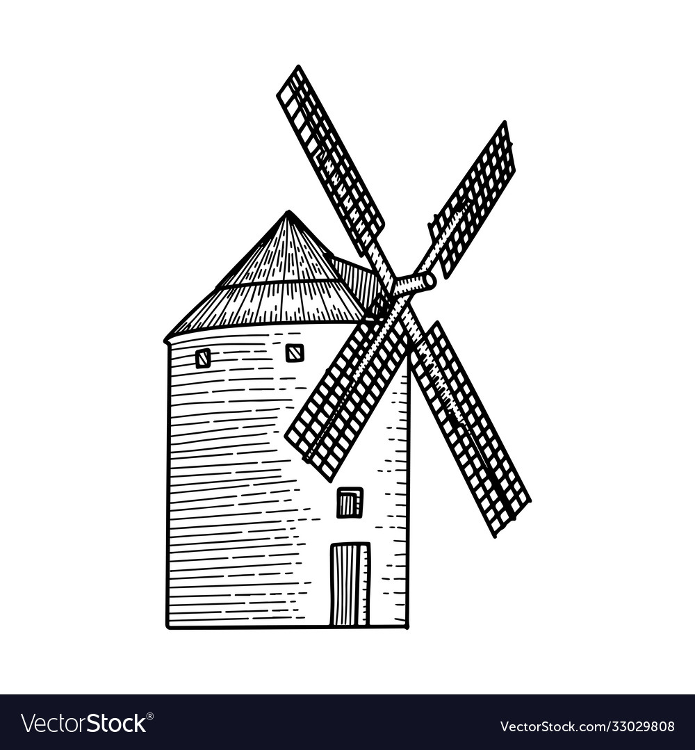 Wind mill windmill hand drawn sketch engraved Vector Image