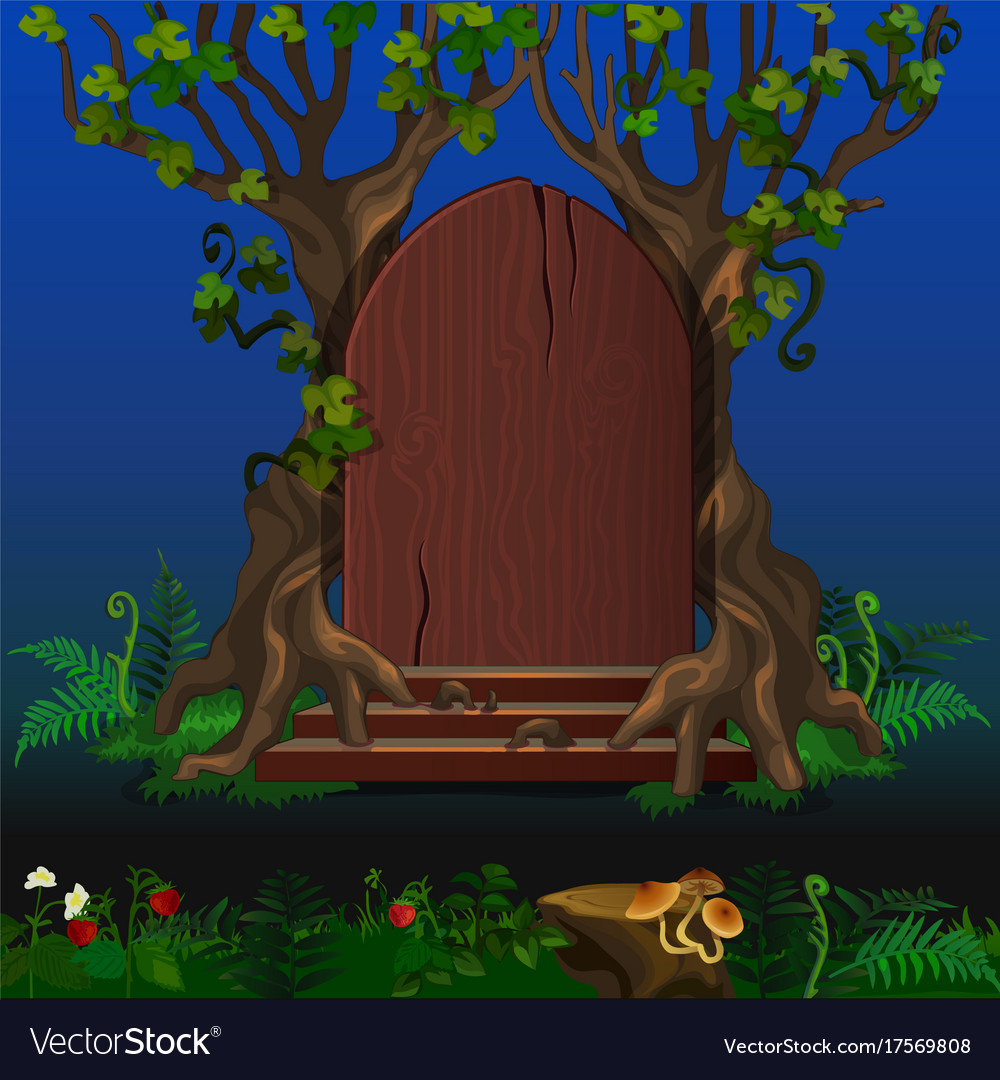 Wooden door in magic forest cartoon landscape Vector Image Wooden door in magic forest cartoon landscape Vector Image