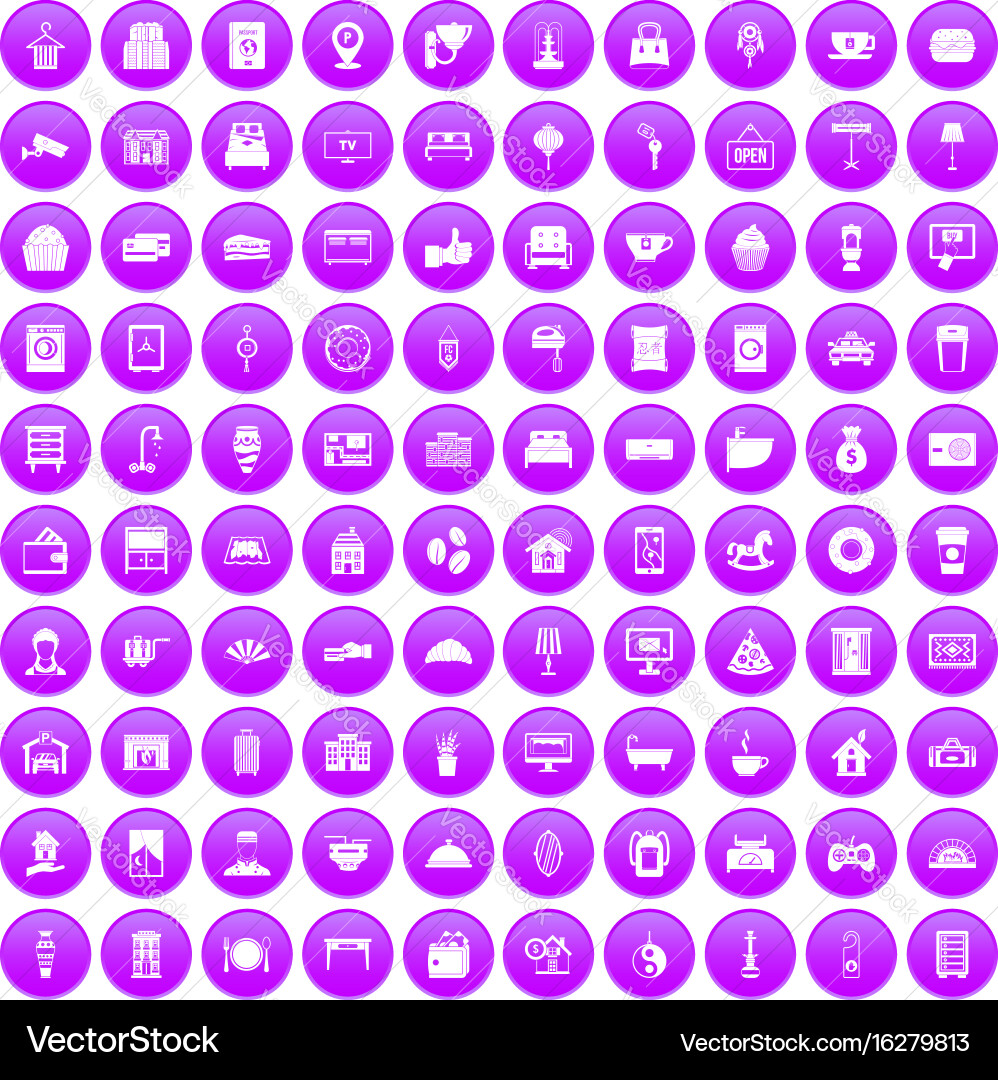 100 hotel icons set purple Royalty Free Vector Image