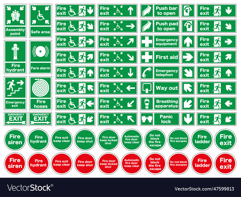 Commonly used signs in case of fire emergency Vector Image