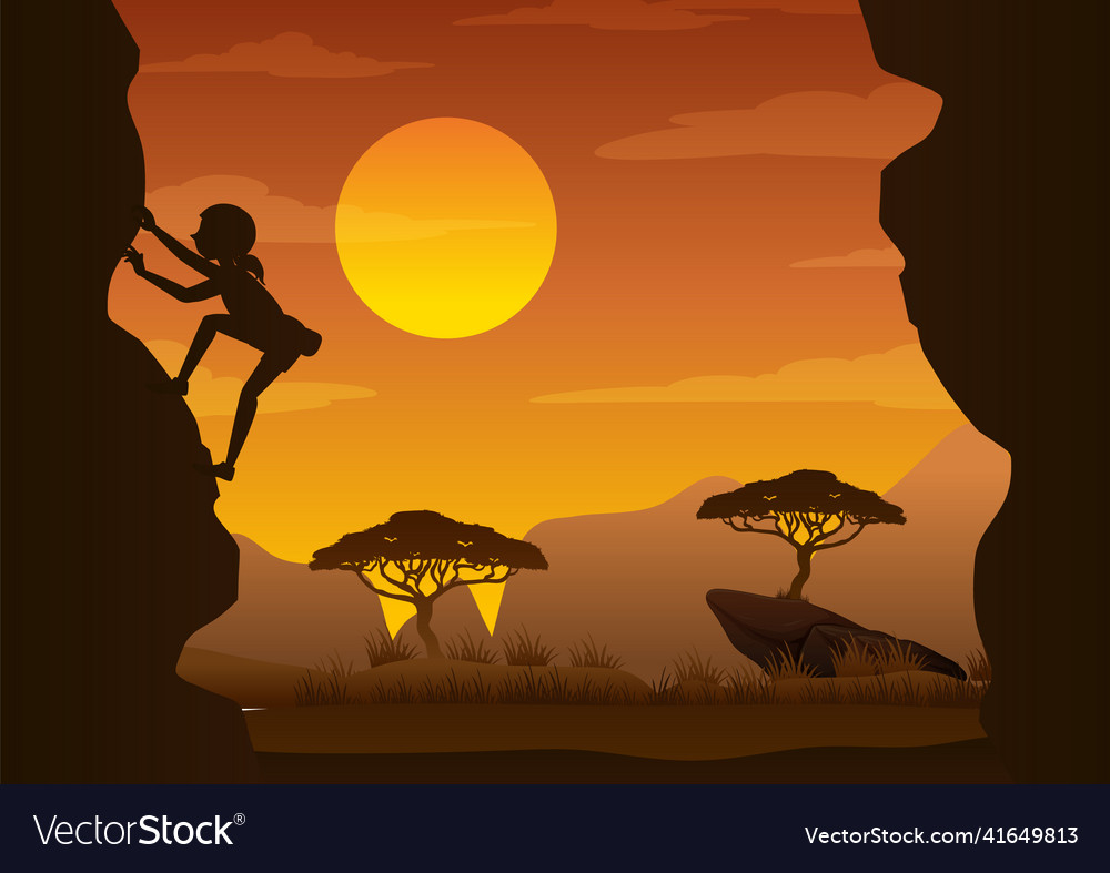 Flat silhouette rock climbing in nature background