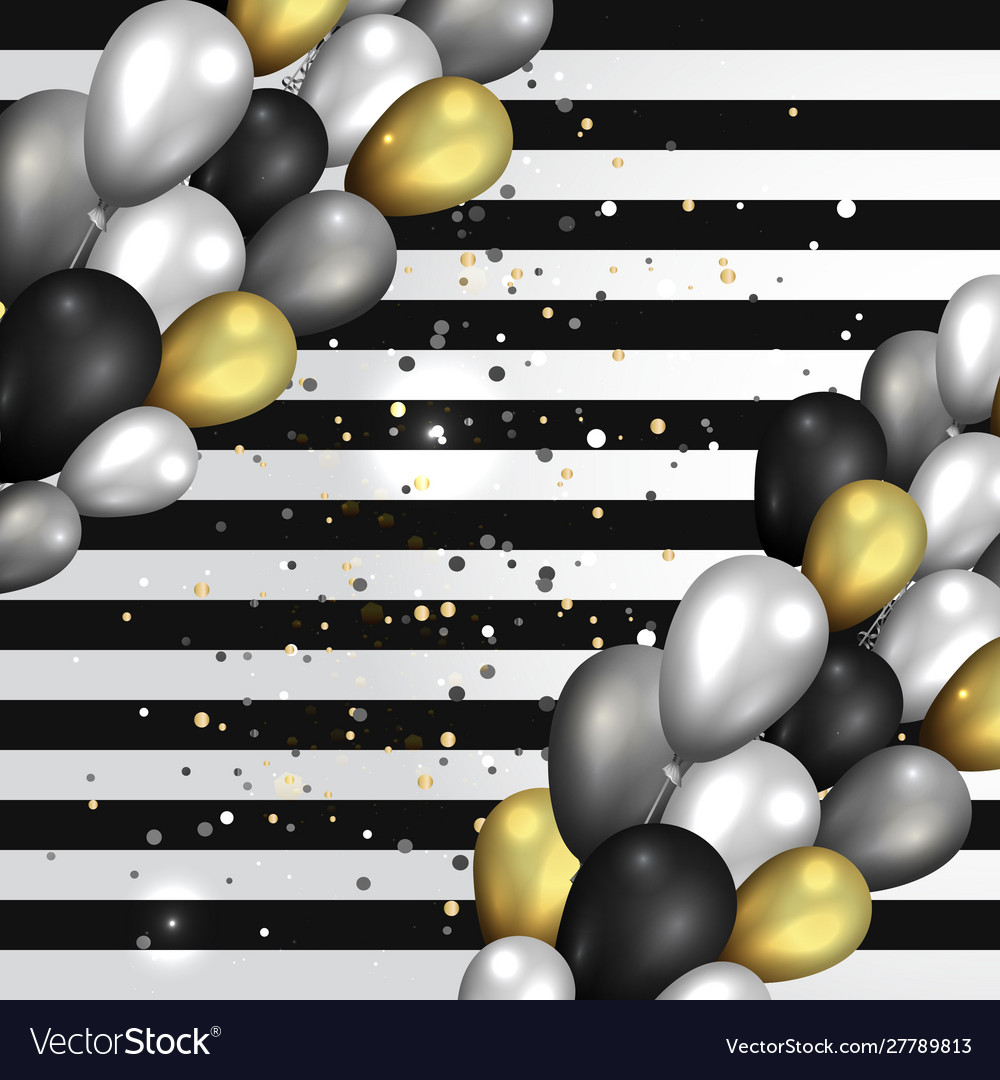 Golden black and silver balloons on shiny vector image Golden black and silver balloons on shiny