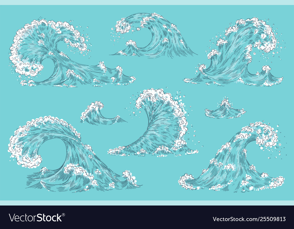 Hand drawn ocean wave vintage cartoon storm waves Vector Image