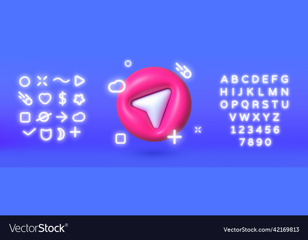 Navigation arrow icon in 3d style neon signs set vector image Navigation arrow icon in 3d style neon signs set