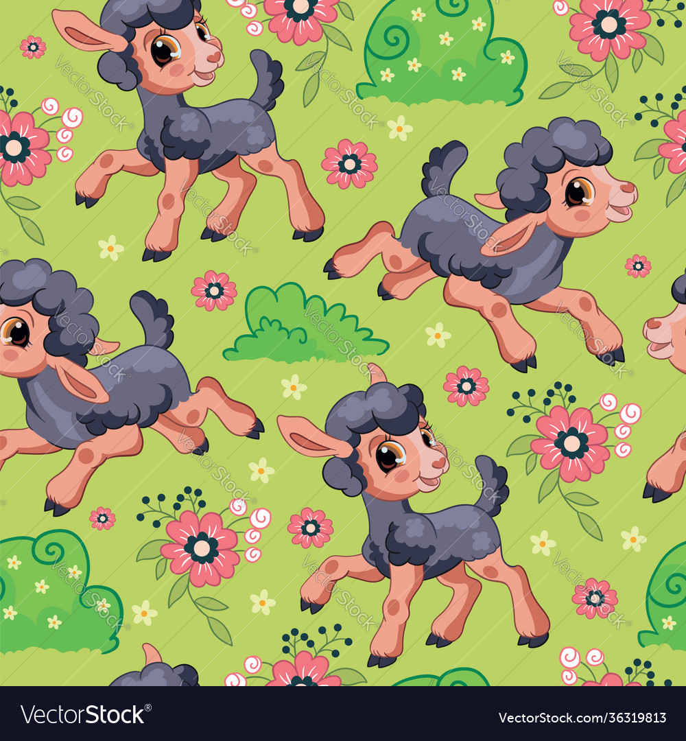 Seamless pattern black lambs on green background