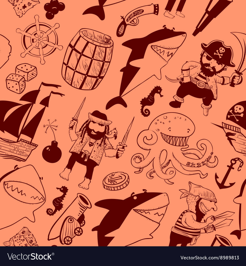 Seamless pattern with pirates and sharks