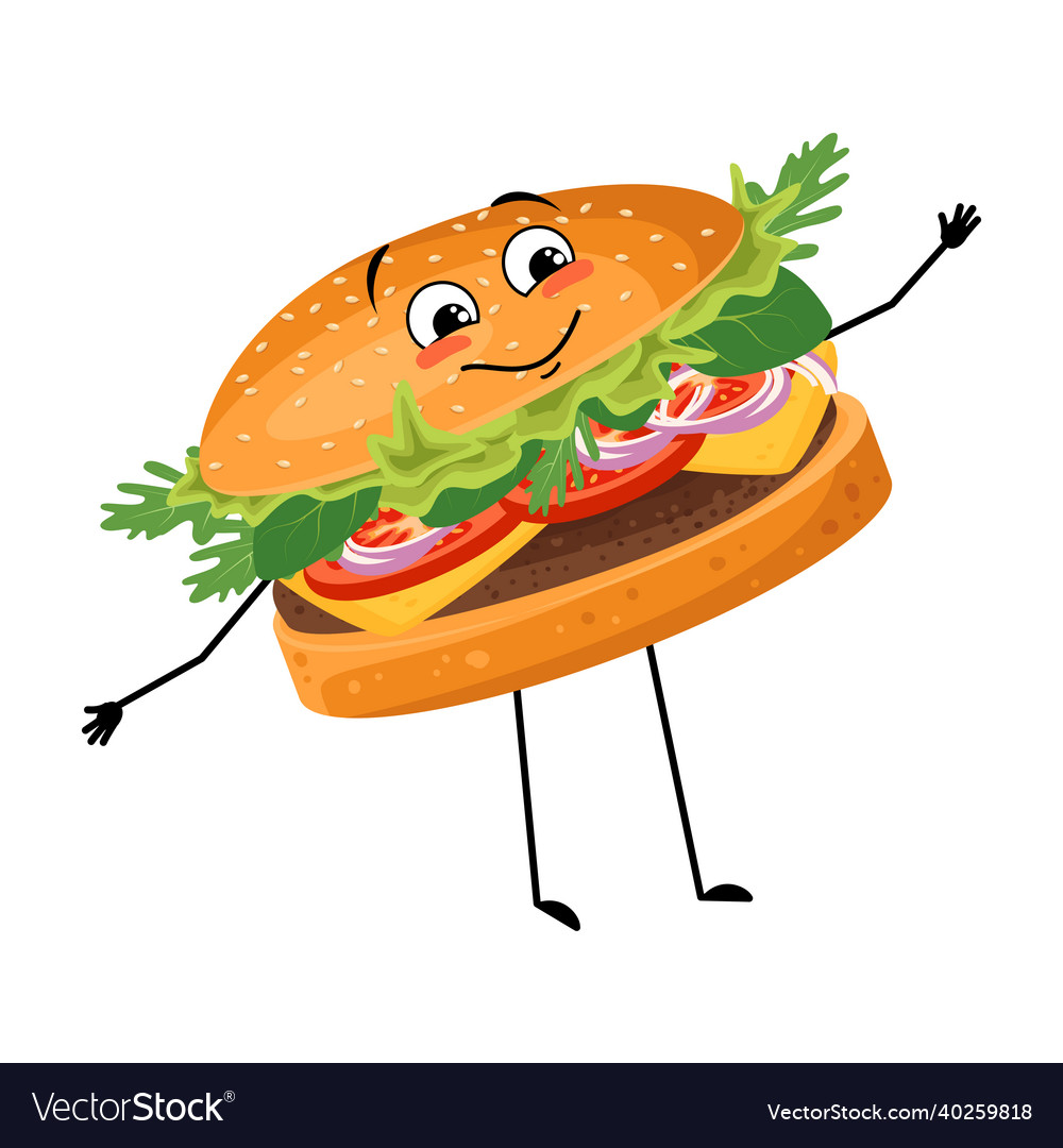 Cute character hamburger with happy emotions face Vector Image