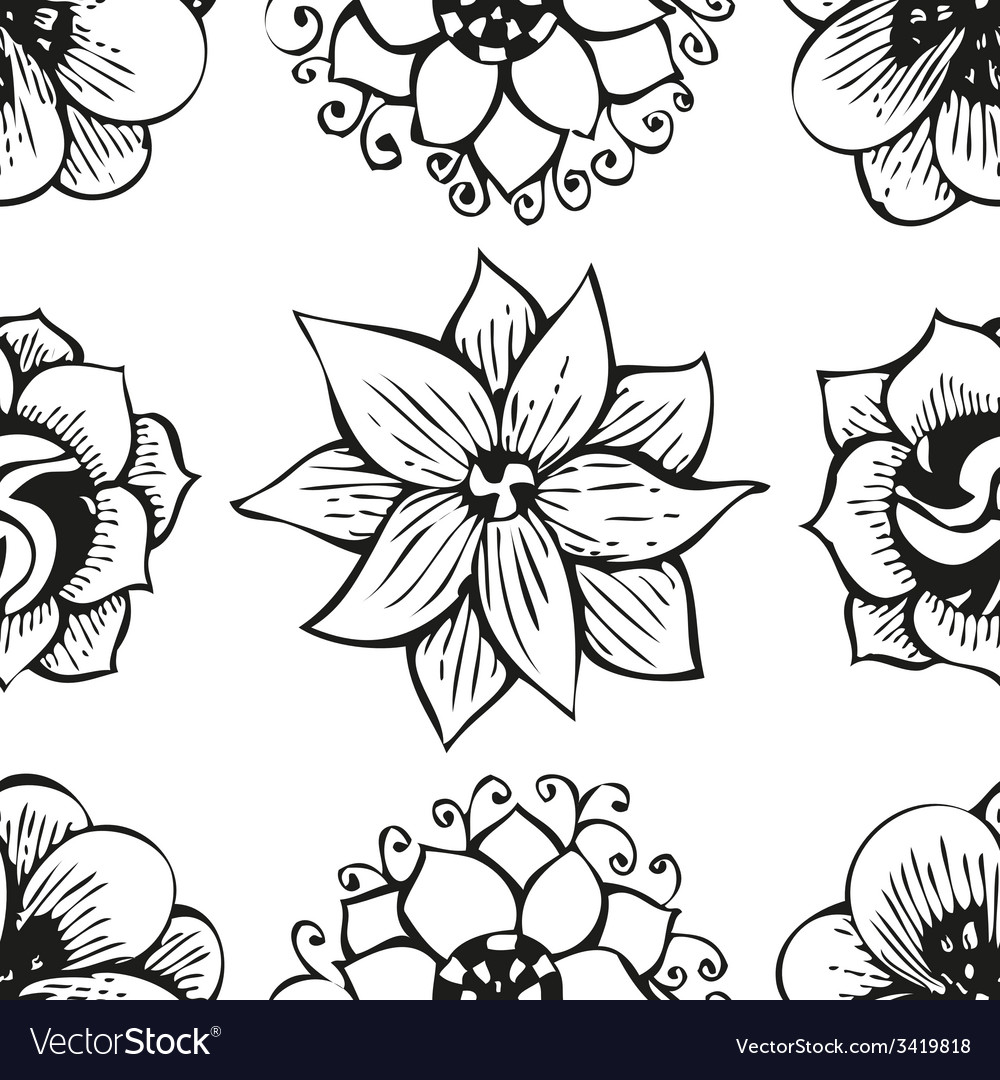 Floral Doodling Flower Seamless Pattern In Tattoo Vector Image