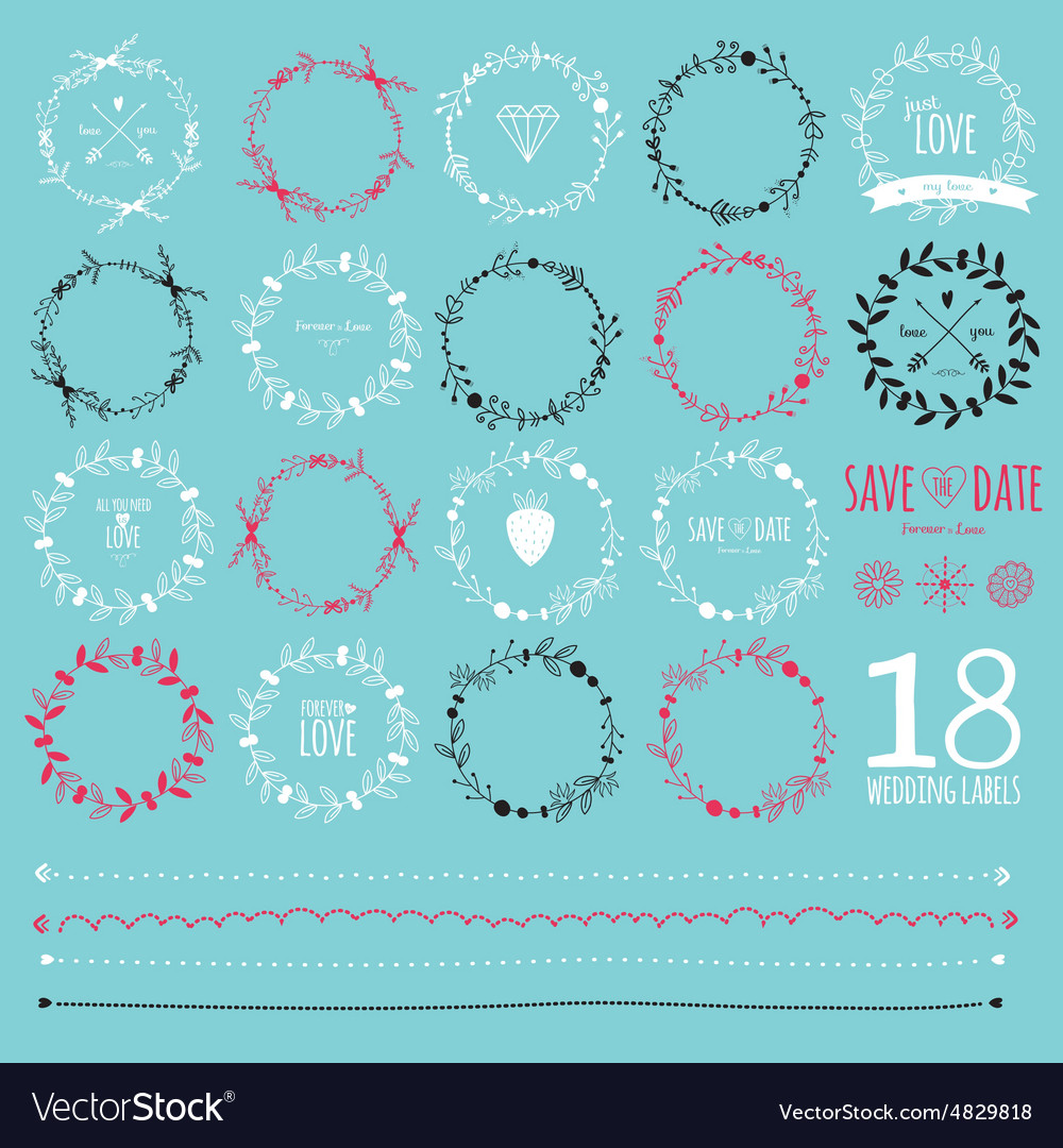 Romantic hand drawn collection of laurels wreaths