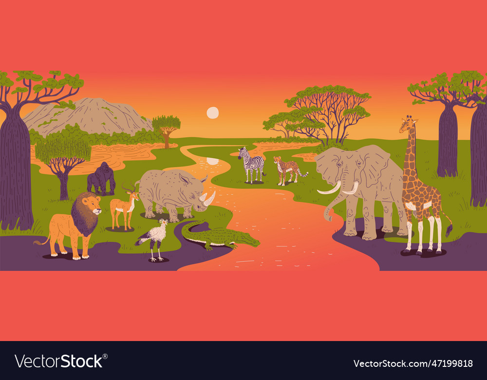 Sonnenuntergang in afrikanischer Landschaft oder Savanna vector image Sonnenuntergang in afrikanischer Landschaft oder Savanna