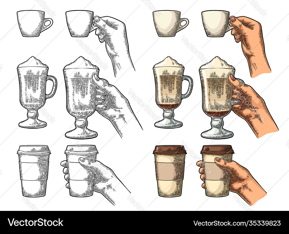 Hands holding a cup coffee holder and glass Vector Image
