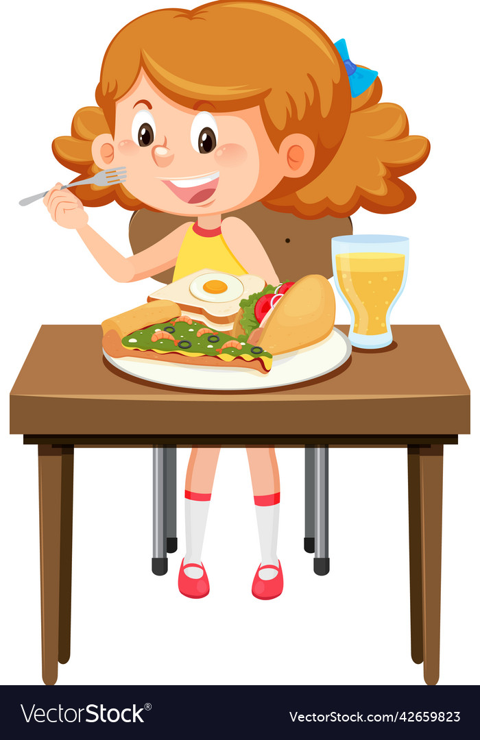 Happy girl enjoy eating food on table Royalty Free Vector