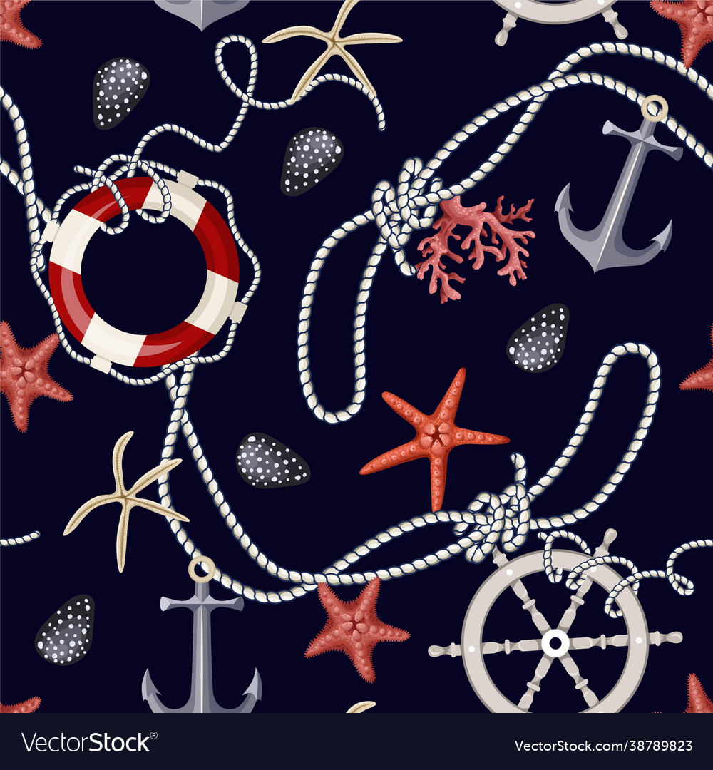 Seamless pattern with starfishes anchors shells
